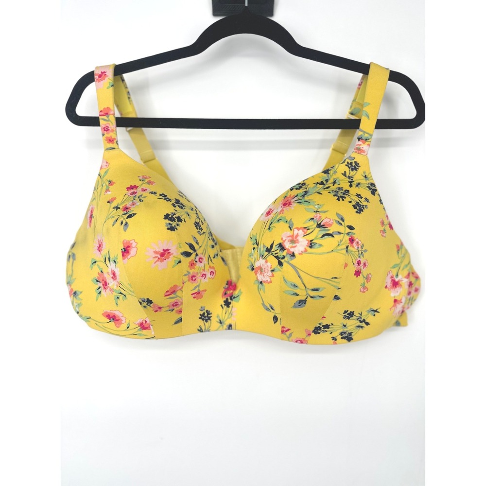 Cacique Simply Wire Free Plunge Bra Womens‎ 44C Yellow Floral Comfort Lingerie